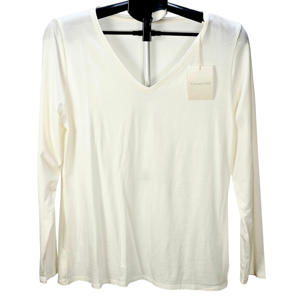 Women's Garnet Hill NWT Size L Cream V-Neck Long Sleeve Organic Pima Cotton Tee